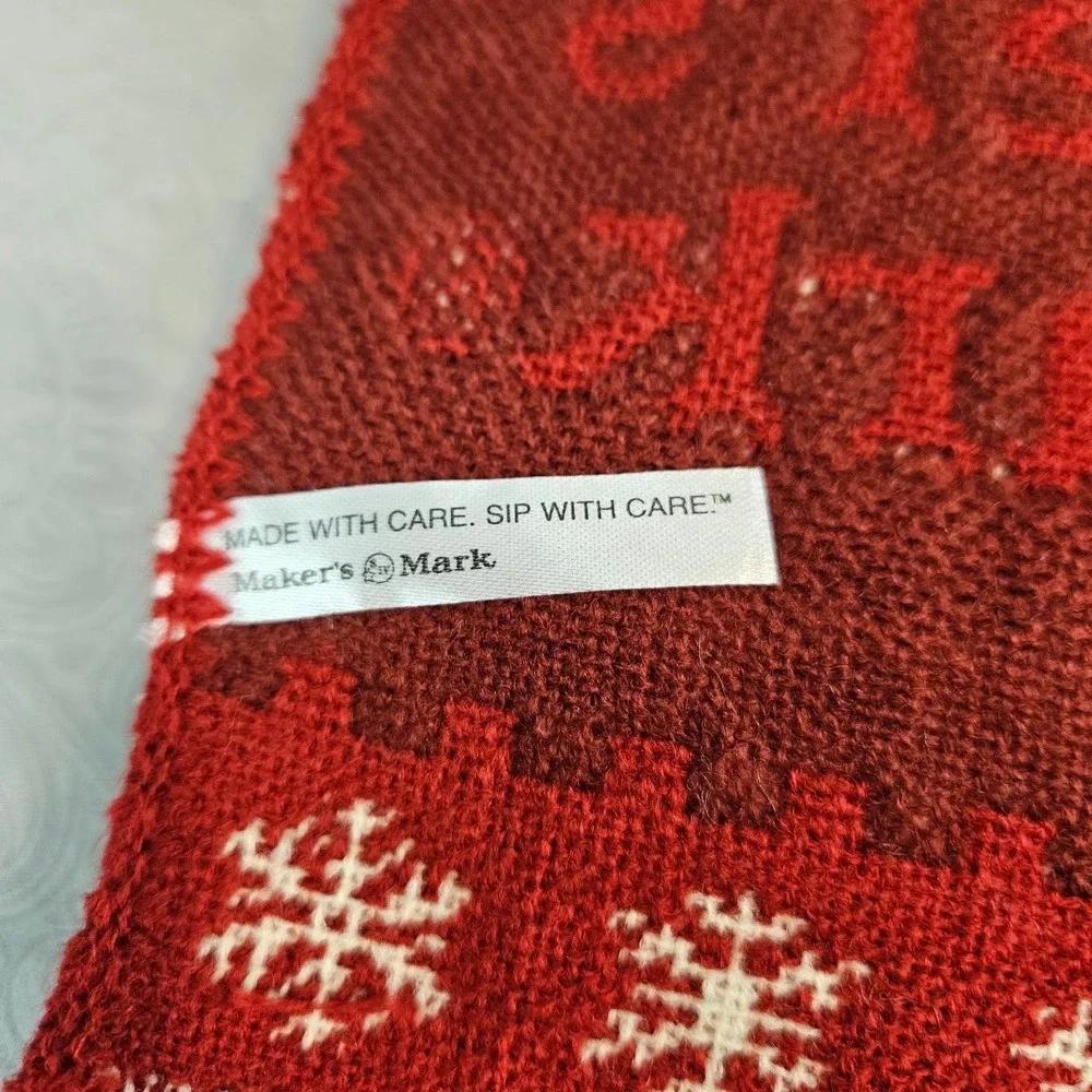 Makers Mark Bourbon Whiskey Holiday Scarf Red White Snowflake Knit Fringe Logo
